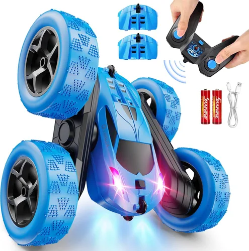 QUNREDA Coche de control remoto, juguetes de autos RC para niños de 6 a 12 años, auto de acrobacias 4WD con luces LED y giros de 360°, 2.4GHz, 1-azul