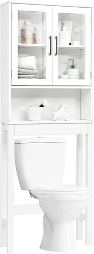 WATERJOY Gabinete de almacenamiento sobre el inodoro, organizador de gabinete de baño con 2 puertas de vidrio templado Moru, estante para inodoro