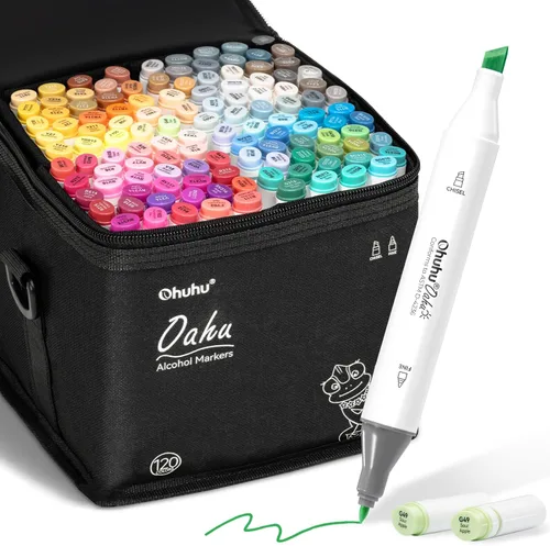 Marcadores artísticos de alcohol Ohuhu, juego de doble punta con 120 colores para niños y adultos, marcadores de bocetos a base de alcohol con punta