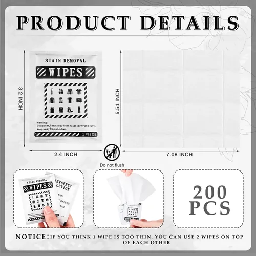 Miniatura 2 de Timgle 200 toallitas quitamanchas instantáneas envueltas individualmente, limpiadoras portátiles sin enjuague para ropa, tela, grasa de café, bolsa