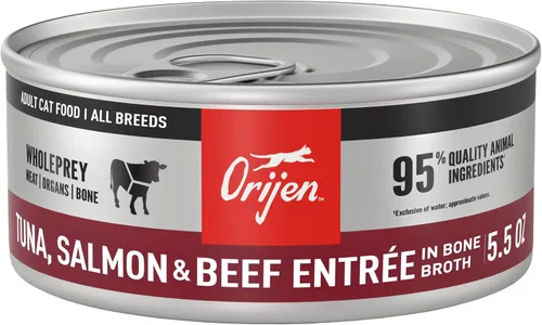 Miniatura 2 de ORIJEN Pate Premium - Comida húmeda para gatos en caldo de huesos con atún, salmón y ternera, latas de 5.5 onzas (12 unidades)