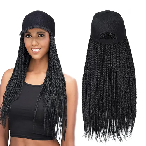 Gorra con peluca para mujeres con gorra de béisbol con cabello trenzado adjunto, peluca de trenzas en caja sintética, gorra ajustable negra con