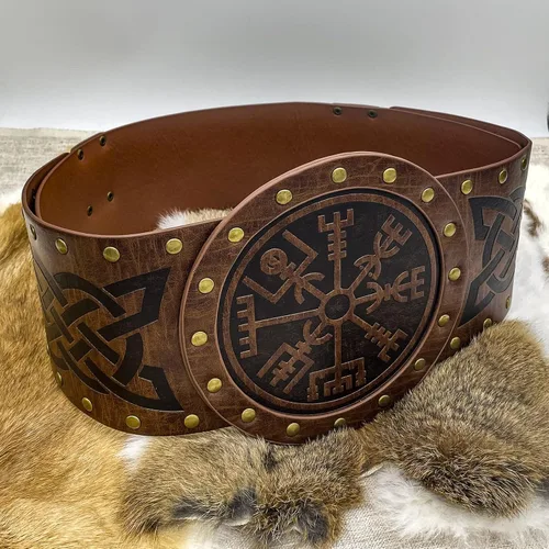 Miniatura 6 de HiiFeuer Viking Cinturón ancho en relieve cinturón nórdico de piel sintética con corsé de caballero disfraz LARP de Halloween