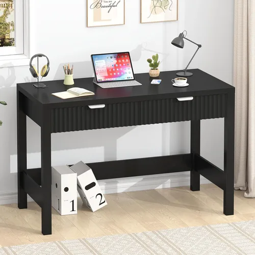 Miniatura 12 de YOMILUVE Escritorio estriado para computadora con 2 cajones, escritorio pequeño de computadora de 39 pulgadas con almacenamiento, escritorio Blanco