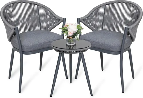 NUU GARDEN Juego de 3 piezas de bistró para exteriores, juego de patio de conversación de cuerda tejida, muebles de aluminio para todo tipo de Gris