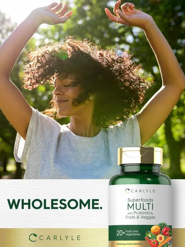 Miniatura 7 de Carlyle Suplemento de frutas y verduras 120 unidades Multivitamínico superalimento con probióticos Hecho con 20 frutas y verduras Sin OMG