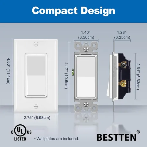 Miniatura 6 de BESTTEN Paquete de 20 interruptores decorativos de pared de 3 vías con placa de pared, 15 A, 120 V/277 V, un solo polo o tres vías, interruptor