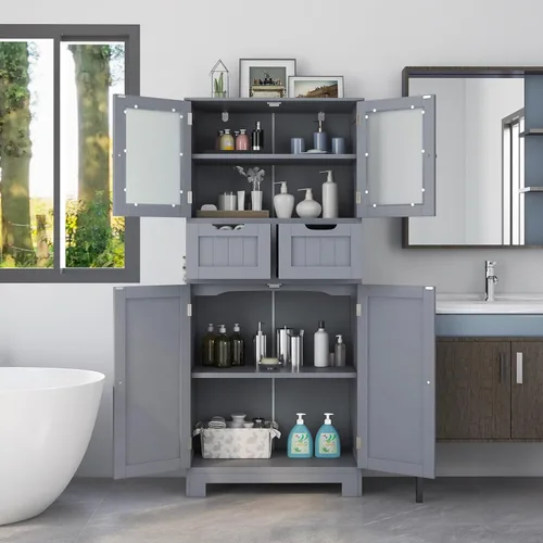 Miniatura 7 de COSTWAY Armario de almacenamiento de baño, organizador de baño independiente con puertas de vidrio, 2 cajones y 2 estantes ajustables, armario alto