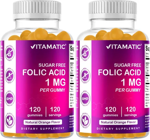 Vitamatic Gomitas de ácido fólico 1000 mcg (1 mg) – Vitamina prenatal esencial B9 para mamá y bebé – 120 gomitas veganas por botella – 2 unidades