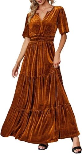 Amegoya Vestido largo de terciopelo de manga corta con cuello en V para mujer, vestido largo formal para invitados de boda, otoño, noche, fiesta