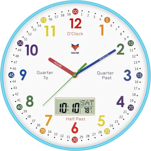 Miniatura 12 de Foxtop Reloj de Aprendizaje Digital y Analógico para Niños - Reloj de Enseñanza para Decir la Hora de 12 Pulgadas Silencioso Sin Tictac Operado