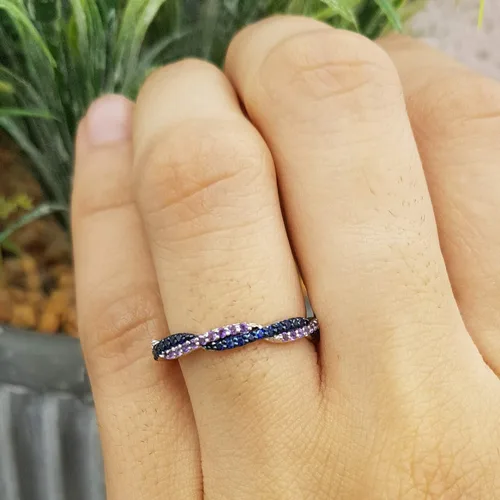 Miniatura 7 de Dazzlingrock Collection Anillo de boda apilable redondo de amatista y zafiro azul para mujer en oro