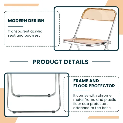 Miniatura 6 de LeisureMod Lawrence - Silla plegable de acrílico transparente moderna con marco de metal, asiento transparente que ahorra espacio para comedor
