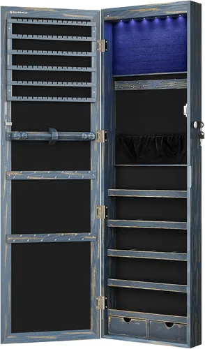 Miniatura 17 de Songmics - UJJC93W - Armario para joyas que se puede cerrar con llave, de montaje en pared o puerta, con espejo de 6 luces LED, para organización