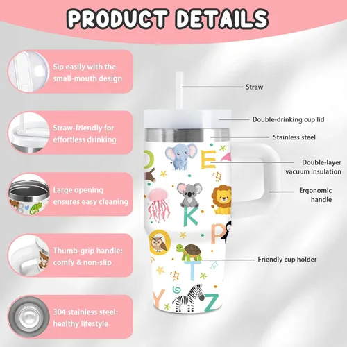 Miniatura 3 de Vaso de 405 ml para niños con alfabeto de animales con asa, popote y tapa, vaso aislado de acero inoxidable, cosas con letras del abecedario