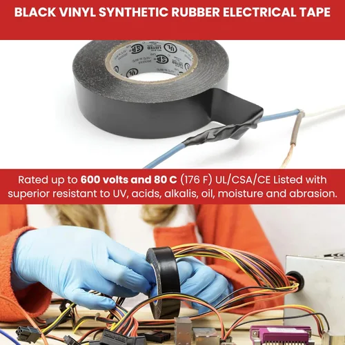 Miniatura 5 de GGR Supplies T.R.U. EL7566-AW, cinta adhesiva de grado profesional de PVC de goma negra, con clasificación hasta 600 voltios y 176 °F - UL/CSA/CE