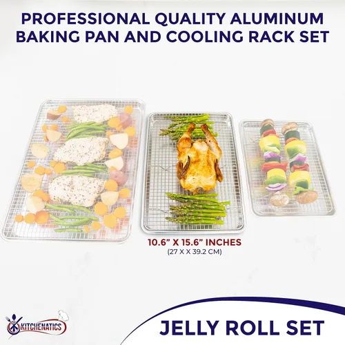 Miniatura 2 de KITCHENATICS Bandeja de aluminio para brazo de gitano de 15 x 10 pulgadas y estante de acero inoxidable, bandeja para hornear con estante