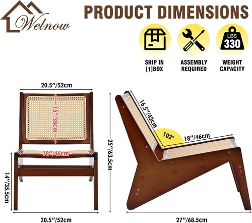 Miniatura 2 de Welnow Silla decorativa de ratán de mediados de siglo, silla de salón de madera de bambú con respaldo de caña tejida, sillón bajo para sala
