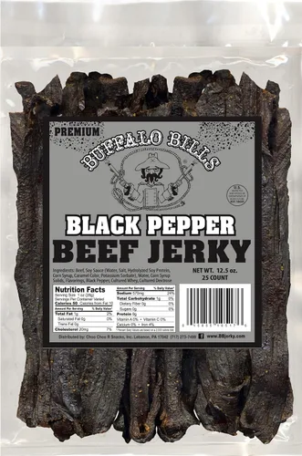 Buffalo Bills Tiras de carne seca de pimienta negra prémium de 12.5 onzas de 7 pulgadas (25 tiras de cecina ahumada por bolsa)