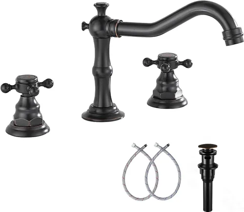 Miniatura 11 de Grifo de 2 manijas para lavabo de baño de tres agujeros, grifo de lavabo extendido, latón antiguo, grifo mezclador con manguera de suministro