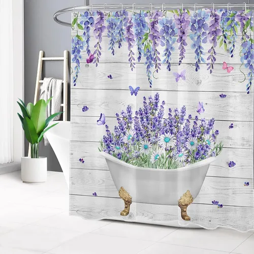 Miniatura 2 de LB Juego de cortinas de ducha de mariposa y flores con alfombras, margaritas y morado lavanda, hojas de eucalipto, cortina de ducha verde