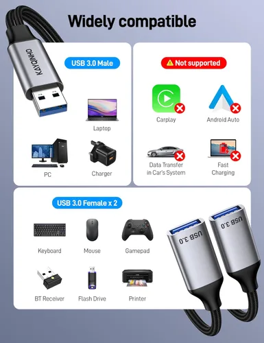 Miniatura 3 de Divisor USB 3.0 de 1 en 2 salidas, cable USB divisor Y, cable USB macho a 2 hembras para PC, tableta, portátil, MacBook, teclado, PS4, PS5, mouse