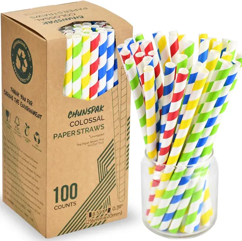 Miniatura 9 de Pajitas desechables de papel a rayas coloridas de 6 pulgadas, 100 unidades para batidos, batidos y bebidas gruesas, biodegradables