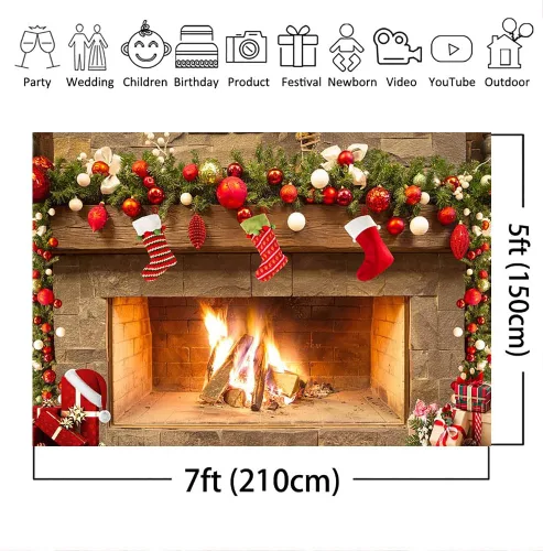 Miniatura 7 de Mocsicka Telón de fondo temático de chimenea navideña para fotografía, árbol de Navidad, calcetín, regalo, decoraciones para fiestas familiares