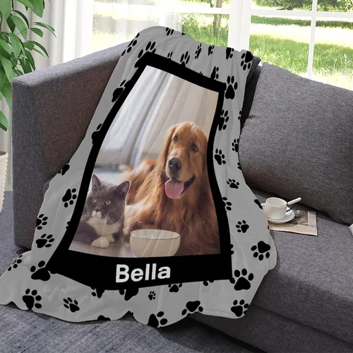 Miniatura 5 de Manta Personalizada de Huellas de Perro con Foto y Nombre para Amantes de Mascotas, Manta Suave de Franela de Vellón Regalo para Amantes de Perros