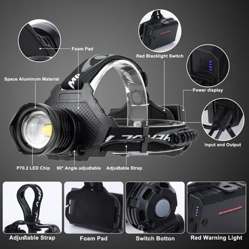 Miniatura 5 de Linterna frontal recargable, 3000 lúmenes, faros delanteros LED recargables con 10 modos, faros delanteros brillantes ajustables de 90°