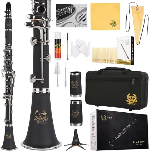 Rhythm Clarinete Bb 17 Teclas de Níquel Instrumentos Musicales de Viento de Madera para Banda y Orquesta para Principiantes Incluye Estuche,