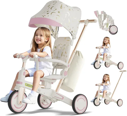 Miniatura 11 de WinHope Triciclo de empuje 9 en 1 para niños pequeños de 1 a 3 años, triciclo convertible para niños con asa de empuje y cinturón de seguridad, Negro