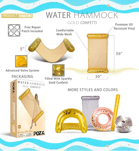 Miniatura 2 de POZA Hamaca inflable de agua – Lujosa tumbona flotante de piscina rellena de confeti, silla de ejercicio 4 en 1, silla de descanso, hamaca y Oro
