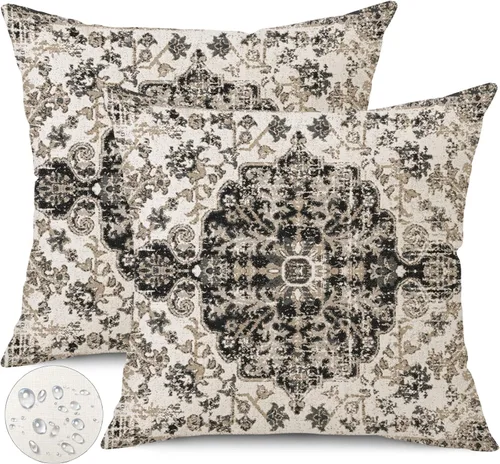 Juego de 2 fundas de almohada impermeables para exteriores de 16 x 16 pulgadas, patrón de alfombra bohemio vintage, diseño étnico negro y gris,