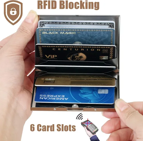 Miniatura 25 de BONSYL® Soporte para tarjetas de crédito, cartera delgada de metal con bloqueo RFID, con 6 ranuras para tarjetas, para mujeres y hombres.