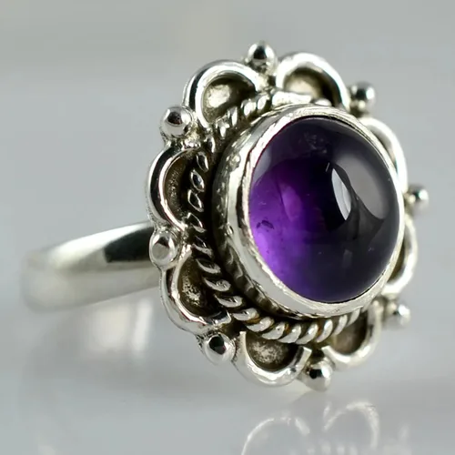 Miniatura 2 de Navya Craft Anillo de amatista, plata de ley 925, anillo de promesa para mujer, piedra preciosa redonda de amatista natural, joyería hecha a mano