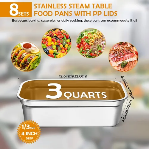 Miniatura 2 de 8 piezas recipientes de almacenamiento de alimentos de acero inoxidable 304 con tapas tamaño 1/3 bandeja de hotel pollo sartenes de grado