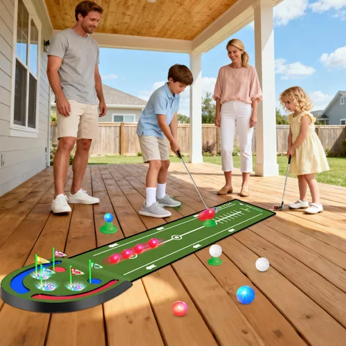 Miniatura 3 de VATOS Alfombra de Golf Mejorada para Interior para Niños - Juego de Golf con Bolas LED, Copas Luminosas, Hierros y Putters, Alfombra de Golf
