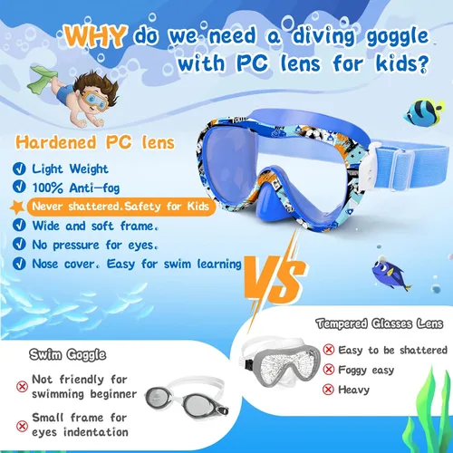 Miniatura 5 de Gafas de natación para niños con cubierta para la nariz, máscara de esnórquel panorámica de 180° con diseño antivaho y antifugas, correa de tela