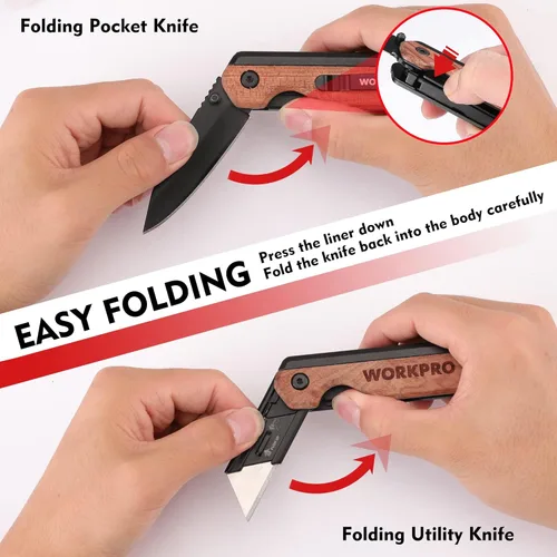 Miniatura 4 de WORKPRO Cuchillo plegable 2 en 1/cuchillo utilitario, regalos para papá, cortador de caja de cambio rápido con clip para cinturón y bloqueo de Madera