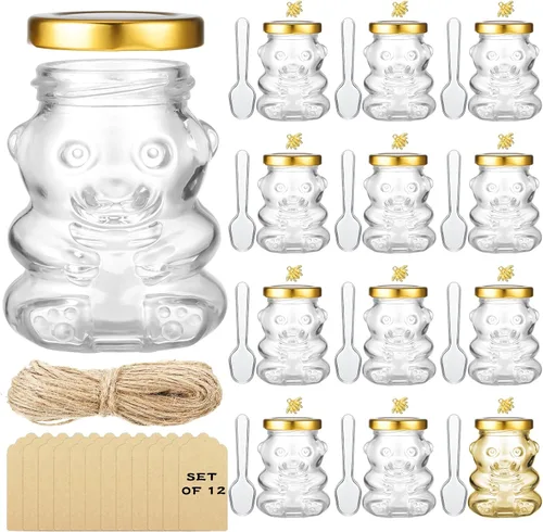 12 tarros de cristal con forma de oso de 4 onzas, tapas doradas, colgantes de abeja dorada, cuchara de plástico transparente, etiquetas de papel