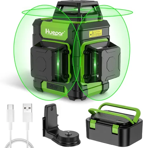 Huepar Nivel láser 360 autonivelante, nivelador láser de línea cruzada verde recargable 3x360°, herramienta láser de nivel 3D para construcción y