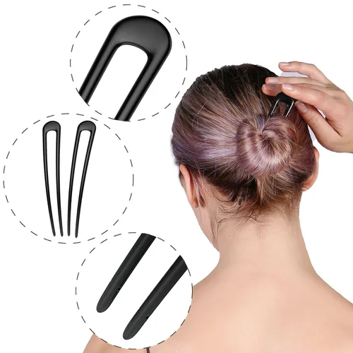 Miniatura 4 de HYFEEL Horquillas francesas de metal para el cabello en forma de U, extra largas, 2 puntas para mujer, accesorios para el cabello (negro, 2 piezas)