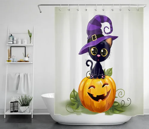 Miniatura 17 de LB Cortina de ducha de Halloween, cementerio de terror, fantasma, gatos negros en árbol, calabaza, cortinas de ducha para baño con ganchos, 60 x 72
