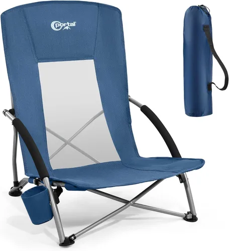PORTAL Sillas de Playa para Adultos, Camping, Bajas, Ligeras, Portátiles con Soporte para Tazas, Respaldo de Malla, Bolsa de Transporte para Arena,