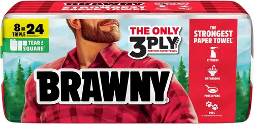 Brawny Tear-A-Square - Toallas de papel cuadradas de 3 capas, 8 rollos triples = 24 rollos regulares, fuertes, absorbentes y duraderas con 3 tamaños