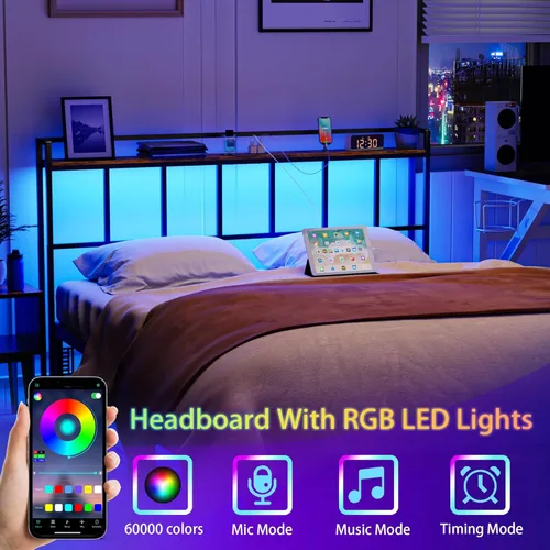 Miniatura 5 de LAKEMID Cabecera tamaño Queen, cabeceros con luz LED, salidas y puertos USB, cabecera con estante de almacenamiento, cabecera resistente y estable
