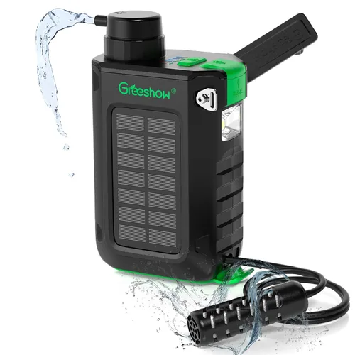 Greeshow Filtro de Agua Eléctrico Portátil para Acampar - Alimentado por Energía Solar, Manivela Manual, Carga USB, Purificador de Agua de