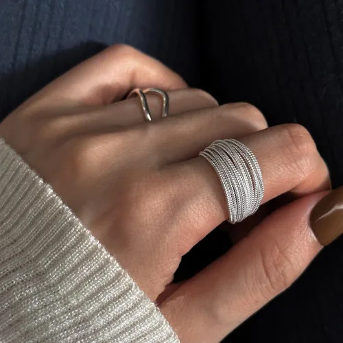 Miniatura 3 de EXPHAIN Anillo ajustable para mujer, de múltiples capas, único, envolvente, minimalista, a la moda, anillos de plata, joyería, Metal no precioso.