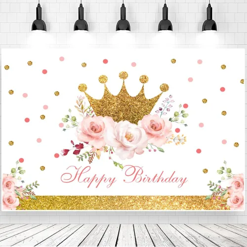 Telón de fondo de feliz cumpleaños de 5 x 3 pies para niñas, corona dorada, fondo de fotografía floral rosa para decoración de fiesta de cumpleaños